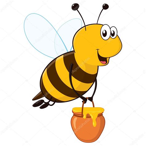 Download - Happy bee flying with a brimful jar of delicious honey. No gradients. — Illustration