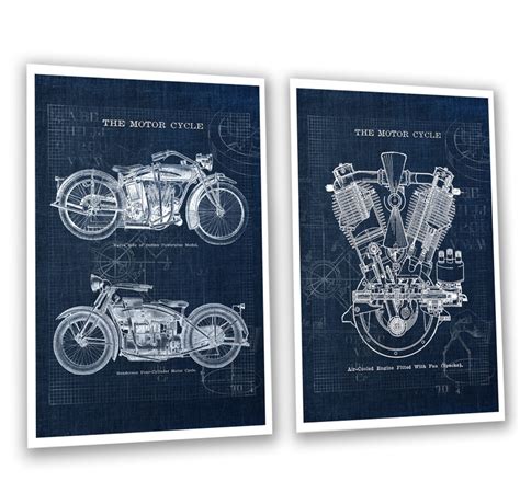 Vintage Motorcycle Blueprint Navy Blue Wall Decor Set of 2 - Etsy