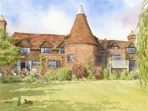 Oast House with garden - Chris Fothergill - Architectural Artist and Illustrator