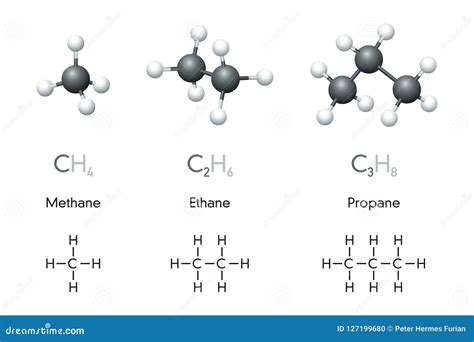 Methane, Ethane, Propane Molecule Models and Chemical Formulas Stock ...