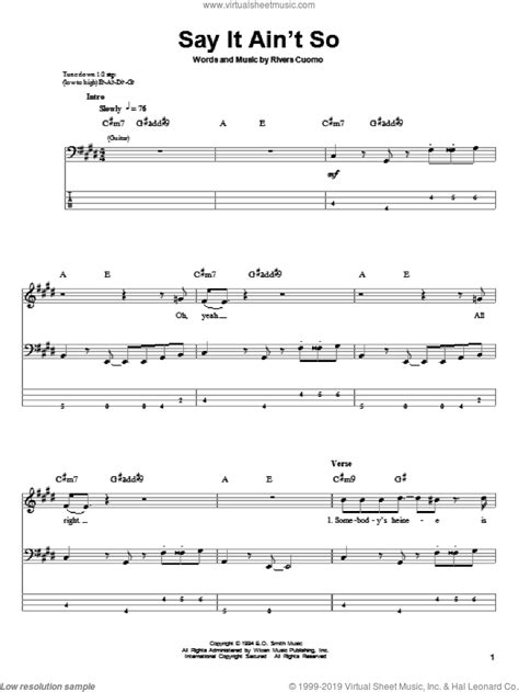 Weezer - Say It Ain't So sheet music for bass (tablature) (bass guitar)