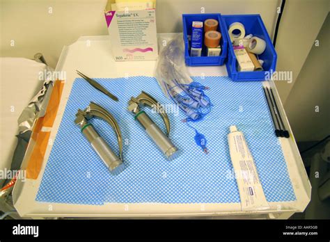 intubation equipment on trolley in anaesthetic room in hospital Stock ...