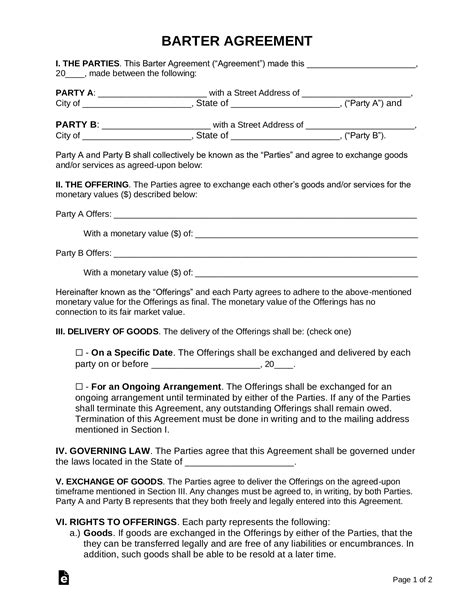 Free Barter Agreement Template | Sample - PDF | Word – eForms