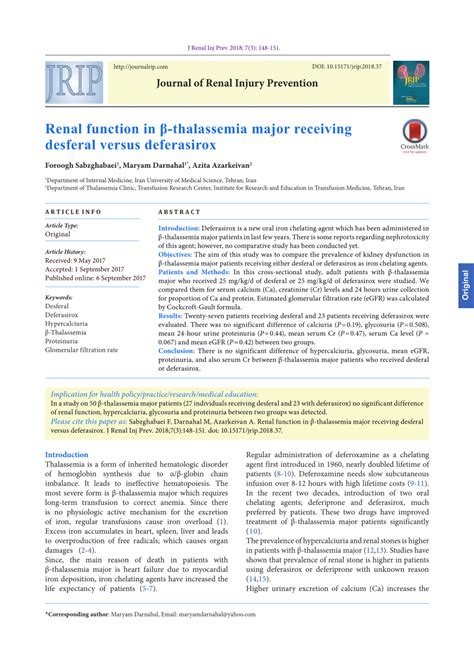 (PDF) Renal function in β-thalassemia major receiving desferal versus deferasirox