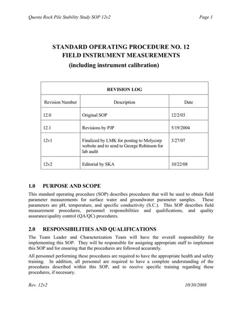 STANDARD OPERATING PROCEDURE NO. 12 FIELD INSTRUMENT MEASUREMENTS ...