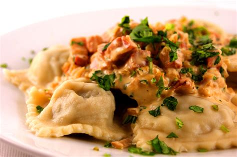 Mushroom Ravioli with Pancetta and Parmesan Sauce - OnMyPlate.co.uk