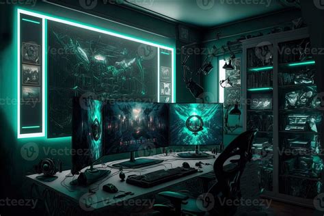 Spectacular gaming room interior, gaming pc, gaming desk, game setup room, tv, desk for five ...