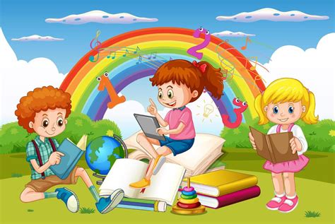 A children are reading books on a stack of books in garden scene 7105952 Vector Art at Vecteezy