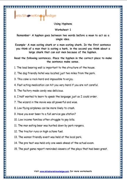 Grade 5 English Resources Printable Worksheets Topic: Hyphens – Lets ...