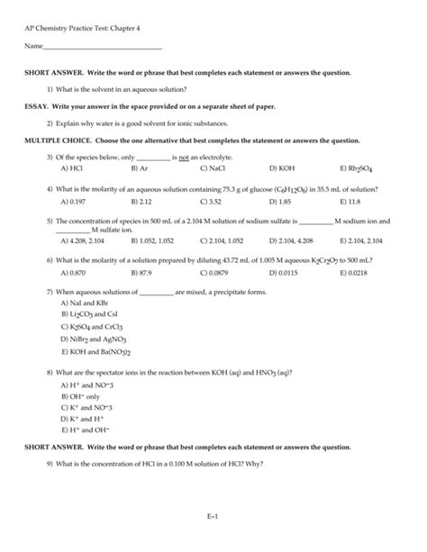 AP Chemistry Practice Test: Chapter 4