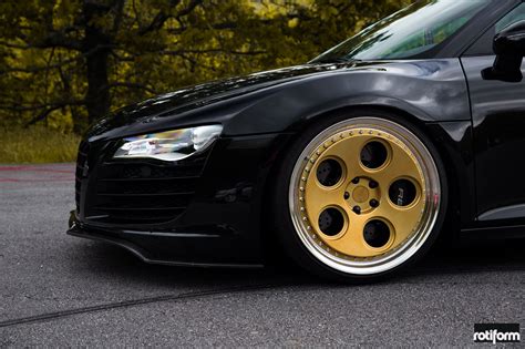 Gold Rotiform Wheels With Polished Lips Fitted on Black Audi R8 — CARiD.com Gallery