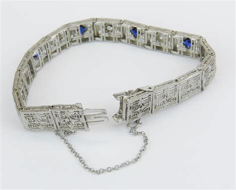 Diamond and Sapphire Bracelet Antique Bracelet Art Deco Bracelet 14K White Gold Platinum Circa ...