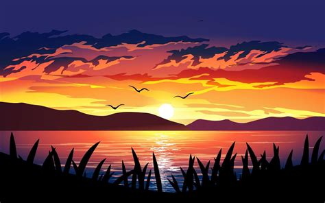 Dramatic Sunset over the Lake 1308868 Vector Art at Vecteezy