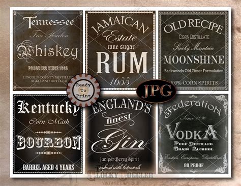 6 Booze Bottle Labels Printable JPG Sheet Liquor Rebellion & Civil War Age to 1920s Era 3.5x4 ...