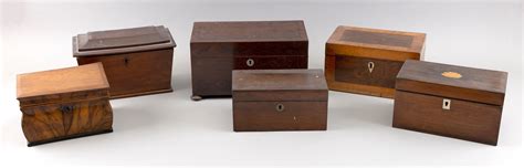 Lot - SIX ENGLISH WOODEN TEA CADDIES 19th Century Widths from 7” to 11”.