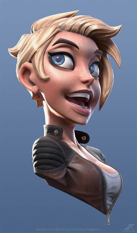 a cartoon character with big blue eyes and blonde hair, wearing a leather jacket on her shoulders