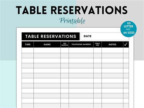 Printable Table Reservation List, Restaurant Table Reservation Form ...