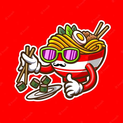 Premium Vector | Illustration of ramen character eating sushi