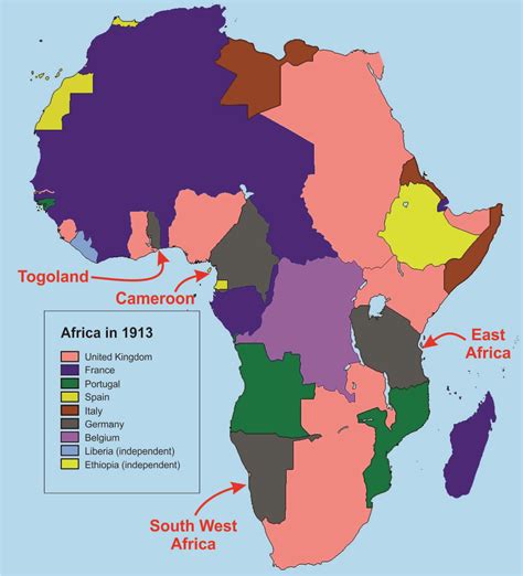 Colonial Africa 1913 showing the campaigns against German colonies ...