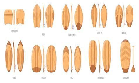 Premium Vector | Wooden surfboards wood surf board types surfboard with paddle or fish shape ...