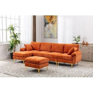 4-Person Sectional Sofa Polyester Padded Seat Chaise Accent Sofa with ...