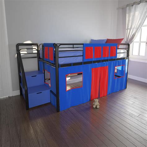 DHP Sol Junior Twin Metal Loft Bed with Storage Steps and Blue Curtain Set, Black - Walmart.com