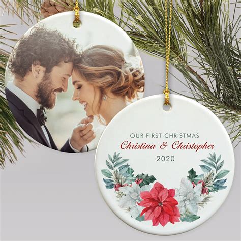 Personalized First Christmas Floral Photo Double Sided Ornament ...