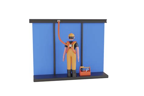 3D Illustration of an industrial worker with safety harness is working ...