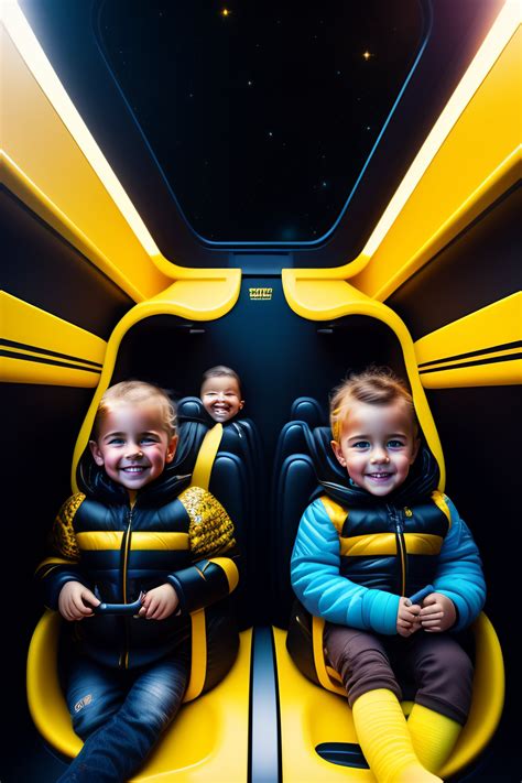 Lexica - Interior view of children riding inside a black and yellow futuristic truck interior ...