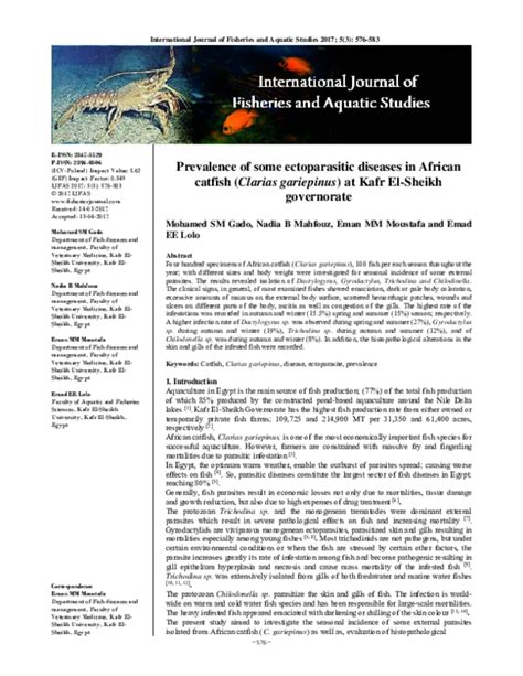 (PDF) Prevalence of some ectoparasitic diseases in African catfish (Clarias gariepinus) at Kafr ...