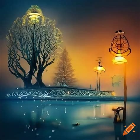 Surreal fantasy park with strange creatures, whimsical trees, and lamp ...