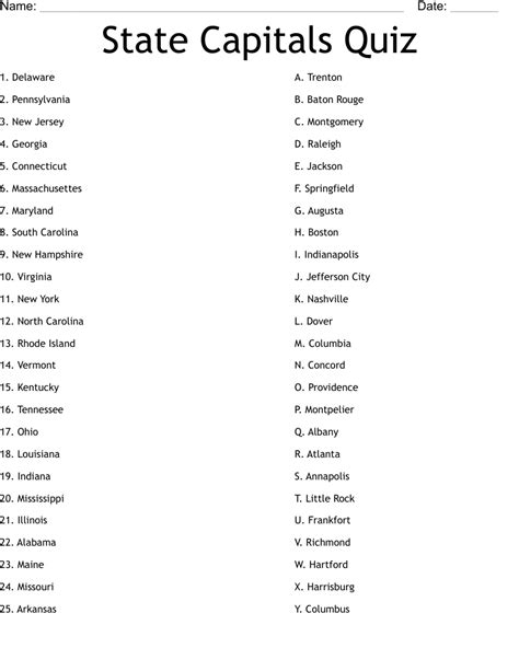 State Capitals Quiz Worksheet - WordMint