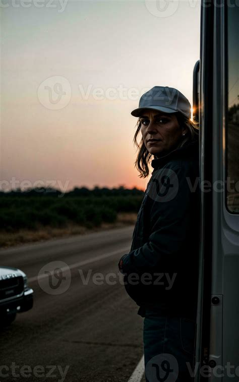 photo of truck driver with truck in background sunset scene generative ...