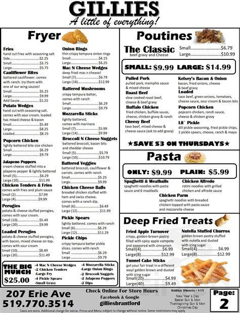 Gillies menu in Brantford, Ontario, Canada