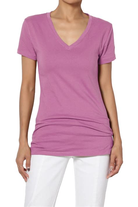 TheMogan - TheMogan Women's Plain Basic V-Neck Slim Fitted Short Sleeve T-Shirts Stretch Tee ...