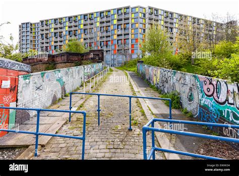 Newly refurbished Park Hill flats and a walkway with graffiti ...