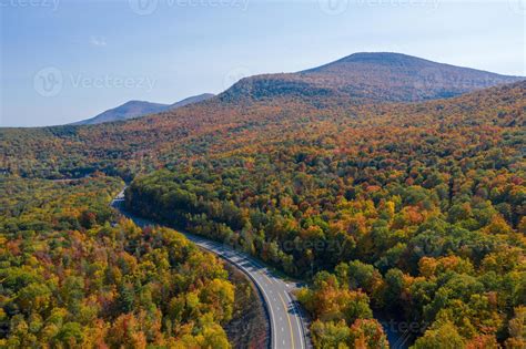 Aerial view of fall foliage along the Catskill Mountains in upstate New ...