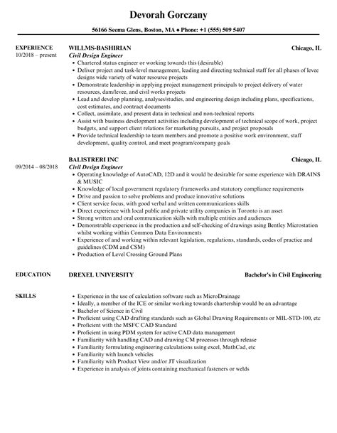 Civil Design Engineer Resume Samples | Velvet Jobs