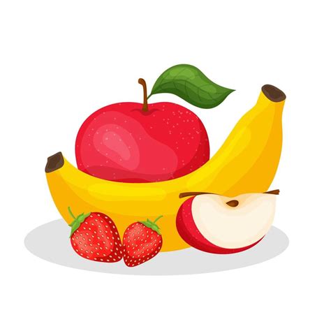 Banana, apple, strawberry. Fruit breakfast. Snack. Healthy foods. Icon in cartoon style ...