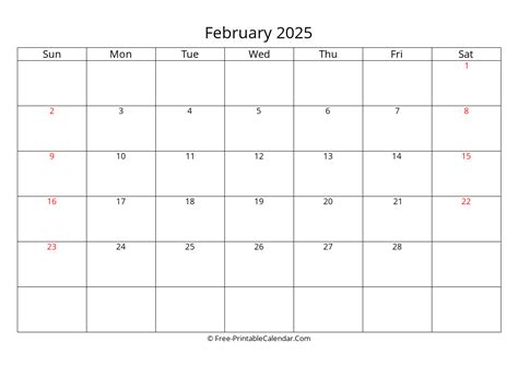 Free Printable Calendar February 2025, weeks start on Sunday