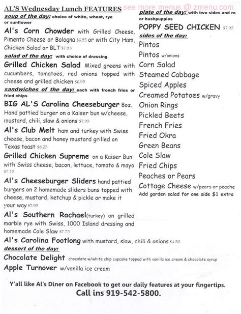 Menu at Al's Diner restaurant, Pittsboro