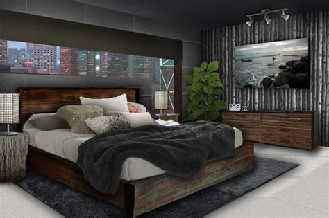 Modern Grey Scheme Male Bedroom Design With Neutral Brown Wood ...