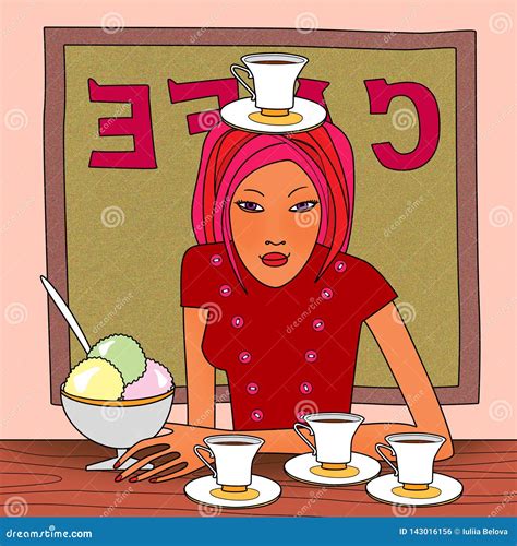 Headache, Woman at a Table in a Cafe with Ice Cream and 4 Cups of Coffee Stock Illustration ...