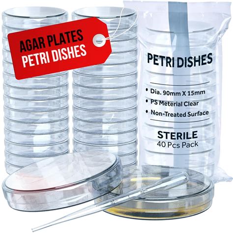 MyMed Sterile Petri Dishes with Lids (90 x 15 mm) 40 pcs. & 2 ml Plastic Pipettes Agar Plates ...