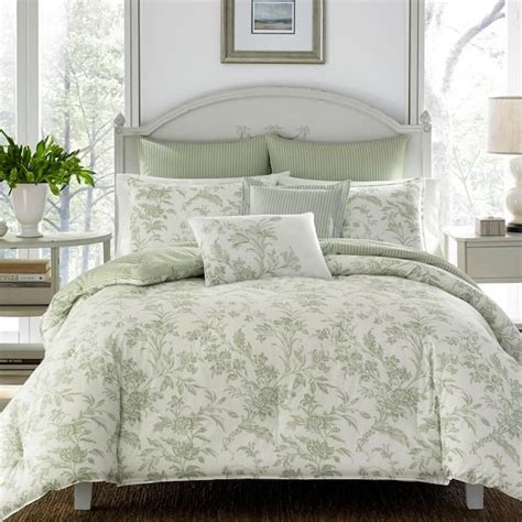 Laura Ashley Natalie 7-Piece Green Floral Cotton Full/Queen Comforter ...