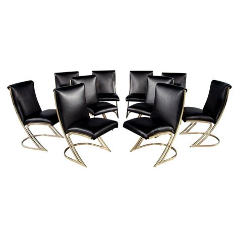 Set of 6, Mid-Century Modern Dining Chairs in Vintage Black Leather and Brass at 1stDibs | black ...