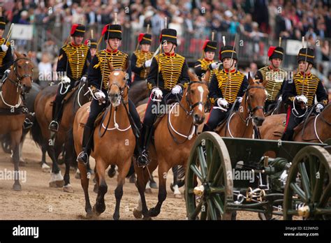 Horse Guards Parade, London UK. 14th June 2014. The King’s Troop Royal Horse Artillery Ride Past ...