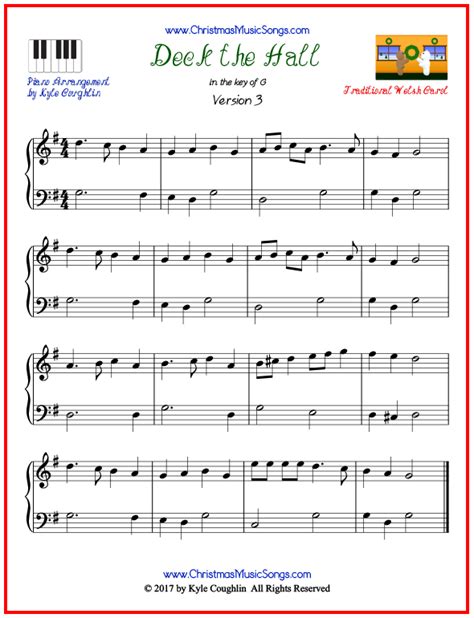 Deck the Halls piano sheet music - free printable PDF