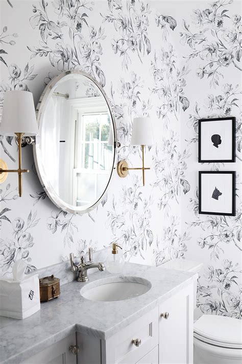 Black and White Bathroom Design with Floral Wallpaper