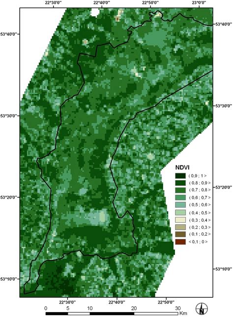 Map of NDVI index calculated from MERIS images acquired on 06.05.2008 ...